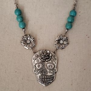 Silver & turquoise skull necklace Halloween